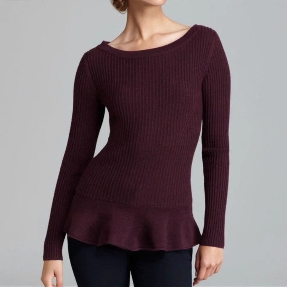 EUC Tory Burch Ramona Merino Peplum Sweater, Plum color, boat neck, size M